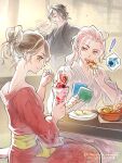  ! 1boy 2girls alternate_costume alternate_hairstyle black_hair brown_hair commentary_request conupuni_nuno cyrus_albright dessert food green_eyes h'aanit_(octopath_traveler) holding holding_food japanese_clothes kimono multiple_girls octopath_traveler octopath_traveler_i parfait pink_hair primrose_azelhart sitting table walking watermark 