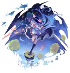  1girl absurdres apron black_boots black_hat blue_hair blue_skirt boots bow bowtie chinese_commentary commentary_request fish frilled_skirt frills fruit_hat_ornament hair_between_eyes hat hat_ornament highres hinanawi_tenshi holding holding_sword holding_weapon kaname-ishi knee_boots lace-up_boots leaf_hat_ornament leg_up long_hair peach_hat_ornament puffy_short_sleeves puffy_sleeves red_bow red_bowtie red_eyes shirt short_sleeves skirt solo standing standing_on_one_leg sword sword_of_hisou tiantiantiantaozi touhou very_long_hair waist_apron weapon white_apron white_shirt 