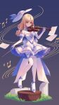  1girl absurdres alternate_costume back_bow blonde_hair bow bow_(music) breasts chinese_commentary cleavage closed_mouth commentary_request dress elbow_gloves frilled_dress frills full_body gloves hat hat_ribbon high_heels highres holding holding_bow_(music) holding_instrument holding_violin instrument large_breasts long_hair louise_(touhou) mechrailgun multicolored_gloves musical_note pages pantyhose purple_bow purple_dress purple_gloves purple_ribbon purple_shoes ribbon shoes smile solo thighhighs touhou touhou_(pc-98) two-tone_dress two-tone_gloves violin white_bow white_dress white_gloves white_hat white_pantyhose white_thighhighs yellow_eyes 