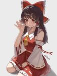  1girl absurdres artist_name ascot aseliyare bare_shoulders black_hair bow brown_eyes collarbone commentary detached_sleeves frilled_bow frilled_hair_tubes frilled_skirt frills hair_tubes hakurei_reimu highres long_hair looking_at_viewer midriff nontraditional_miko red_bow red_shirt red_skirt ribbon-trimmed_sleeves ribbon_trim sarashi shirt simple_background sitting skirt sleeveless sleeveless_shirt solo touhou white_background yellow_ascot 