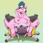  1girl blue_hair bodysuit commentary_request cosplay crossover eyelashes ghost_in_the_shell gradient_background green_background highres interface_headset_(evangelion) knee_up kusanagi_motoko looking_at_viewer makinami_mari_illustrious makinami_mari_illustrious_(cosplay) mecha_pilot_suit neon_genesis_evangelion pink_bodysuit plugsuit_(evangelion) rebuild_of_evangelion red_eyes robot science_fiction shadow sitting smile solo tachikoma the_ghost_in_the_shell_(2026) ueyama_michirou 