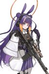  1girl absurdres adapted_costume alternate_costume ar-10 backpack bag battle_rifle blue_eyes blunt_bangs bulletproof_vest chrispy_tuna closed_mouth coat commentary double_bun english_commentary finger_on_trigger gloves gradient_hair gun hair_bun halo headset highres holding holding_gun holding_weapon hololive hololive_english light_smile load-bearing_vest long_hair looking_at_viewer military_operator miniskirt mole mole_under_eye multicolored_hair ninomae_ina'nis ninomae_ina'nis_(ina_the_hero) orange_hair pantyhose pleated_skirt purple_gloves purple_hair purple_skirt rifle side_up_bun sidelocks skirt solo tactical_clothes tentacle_hair two_side_up very_long_hair virtual_youtuber weapon white_coat white_pantyhose 