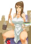  apron blush breasts brown_hair cleavage exaxuxer food green_eyes hot huge_breasts ladle long_hair mask naked_apron noodles original poison ponytail scrunchie sideboob sitting skull solo spread_legs sweat tengu_mask 
