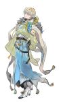  1boy absurdres alternate_costume belt belt_buckle belt_charm black_belt black_gloves blonde_hair blue_eyes blue_hakama blue_streaks bottle bracelet buckle cape charm_(object) closed_mouth dress_shoes earrings full_body fur-trimmed_kimono fur_trim gloves grey_socks hair_between_eyes hakama hand_in_pocket hibachi_mana high_heels highres honeycomb_(pattern) japanese_clothes jewelry kimono long_sleeves looking_at_viewer male_focus multicolored_eyes multicolored_hair nijisanji patterned_clothing perfume_bottle ribbed_socks rope shimenawa shoes short_hair sideways_glance simple_background smile socks solo standing streaked_hair striped_hakama sweater_guard tassel two-tone_eyes unagipai virtual_youtuber white_background white_cape white_shoes wide_sleeves yellow_eyes yellow_kimono 