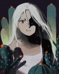  1girl bare_shoulders cactus closed_mouth double-parted_bangs grey_eyes hair_between_eyes highres long_hair looking_at_viewer nekochan_suuu original shirt sleeveless sleeveless_shirt solo star_(sky) starry_sky_background upper_body white_hair white_shirt 