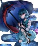  1girl absurdres artist_name blue_eyes blue_hair blue_skirt blue_vest chirooo92084 commentary flower geta heterochromia highres holding holding_umbrella hydrangea juliet_sleeves karakasa_obake kneeling long_sleeves looking_at_viewer mismatched_sclera puffy_sleeves rain red_eyes sandals short_hair skirt solo tatara_kogasa tongue touhou umbrella vest zouri 