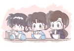  3girls :t ^_^ akarinaakari bag black_hair bowl brown_hair chewing chibi chibi_only chinese_clothes chopsticks closed_eyes commentary food highres holding holding_bowl holding_chopsticks holding_food holding_with_chopsticks kuonji_ukyou low_ponytail multiple_girls noodles paper_bag ponytail ramen ranma_1/2 saotome_ranma saotome_ranma_(female) steam steamed_bun steaming_food tangzhuang tendou_akane untranslatable_commentary white_eyes yellow_eyes 
