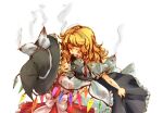  2girls apron black_dress blush commentary_request crystal_wings dress flandre_scarlet hat kirisame_marisa multiple_girls red_skirt red_vest ribbon short_sleeves skirt smile touhou vampire vest white_ribbon wings witch_hat yui_(soranohako) yuri 