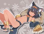  1girl ancient_egyptian_clothes animal_ear_fluff animal_ears anklet bare_shoulders barefoot black_hair black_loincloth breasts brown_egyptian_cat-eared_loli_(trend) cat_ears cat_girl cat_tail dark-skinned_female dark_skin denmaru._(dedendenmaru) detached_sleeves forked_tail gold_anklet gold_collar hairband hand_on_own_stomach jewelry light_blush loincloth long_sleeves looking_at_viewer lying navel on_back original parted_lips short_hair sling_bikini_top small_breasts smile stomach tail wide_sleeves yellow_eyes yellow_hairband 