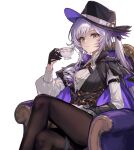  1girl black_gloves black_hat black_pantyhose black_vest blue_eyes breasts cape collared_shirt crossed_legs cup drill_hair expressionless feet_out_of_frame gloves grey_hair hat highres holding holding_cup long_hair long_sleeves looking_ahead medium_breasts munin_(silver_palace) pantyhose parted_lips ponytail saint_laurent_paris shirt silver_palace simple_background sitting solo two-sided_cape two-sided_fabric very_long_hair vest white_background white_shirt 