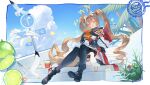  1girl absurdly_long_hair absurdres angelina_(arknights) angelina_the_mellow_wish_(arknights) animal_ear_fluff animal_ears arknights armor bird black_boots black_collar black_hairband black_thighhighs blush boots brown_eyes brown_hair burger chinese_commentary cloud collar commentary cumulonimbus_cloud cup detached_sleeves disposable_cup dress drink food fox_ears fox_girl fox_tail french_fries fruit full_body hairband highres holding holding_burger holding_food infection_monitor_(arknights) lime_(fruit) lime_slice long_hair long_sleeves mcdonald's open_mouth outdoors palm_tree pauldrons red_dress seagull shoulder_armor single_pauldron sitting sitting_on_stairs sky solo stairs super_h2o tail thighhighs tree twintails very_long_hair white_sleeves 