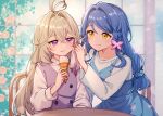  2girls antenna_hair blue_dress blue_hair blue_scrunchie blurry blurry_background braid butterfly_hair_ornament closed_mouth commentary crossed_bangs dress eating food food_on_face grey_hair hair_between_eyes hair_intakes hair_ornament hair_scrunchie handkerchief holding holding_handkerchief holding_ice_cream_cone howa_kurea ice_cream ice_cream_cone light_particles long_hair meitantei_precure! moria_luluka morugen multiple_girls pinafore_dress precure purple_eyes purple_vest scrunchie shirt single_braided_sidelock sleeveless sleeveless_dress smile vest white_shirt wiping_face yellow_eyes 