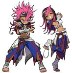  absurdres black_hair confident dark-skinned_female dark_skin fighting_stance filipino_clothes foot_wraps forked_eyebrows hair_down hairband hand_wraps highres karambit martial_arts_belt multicolored_hair official_alternate_hairstyle own_hands_together philippine_flag philippine_flag_print purple_hair sach56000 sash scar scar_on_face scar_on_nose smile spiked_hair street_fighter street_fighter_6 two-tone_hair unworn_hairband waist_sash yasmine_(street_fighter) 