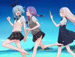  3girls :d absurdres aqua_eyes bare_legs barefoot beach black_bow black_bowtie black_dress black_hairband black_skirt blue_hair blue_sky blush bow bow_hairband bowtie braid braided_twintails bright_pupils cellphone clear_sky clenched_hand cloud collared_shirt commentary_request day dress eyes_visible_through_hair from_side green_eyes grey_sweater_vest hair_bow hair_over_one_eye hairband hand_up highres holding holding_hands holding_phone iroha_nanairo_(urushiushiru) long_bangs long_hair looking_at_another looking_back low-tied_sidelocks makuno_suzu_(urushiushiru) miniskirt multicolored_hair multiple_girls ocean open_mouth original otoo_kanade_(urushiushiru) outdoors parted_bangs phone pinafore_dress pink_hair pink_streaks plaid_clothes pleated_dress pleated_skirt profile purple_hair red_bow red_bowtie red_eyes running school_uniform shirt short_hair_with_long_locks short_sleeves sidelocks skirt sky sleeveless sleeveless_dress slice_of_life smartphone smile straight_hair streaked_hair striped_bow striped_bowtie striped_clothes sweater_vest turning_head urushiushiru walking white_pupils white_shirt yellow_sweater_vest 