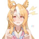  07nono06 1girl ahoge animal_ears bare_shoulders bikini blonde_hair blush breasts collarbone commentary_request fusaichi_pandora_(snatchin'_hearts)_(umamusume) fusaichi_pandora_(umamusume) gradient_bikini hair_between_eyes highres horse_ears horse_girl long_hair looking_at_viewer multicolored_hair official_alternate_costume official_alternate_hairstyle open_mouth red_eyes solo swimsuit umamusume upper_body 