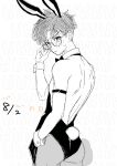  1boy animal_ears ass bare_back blush bow bowtie commentary_request cowboy_shot crossdressing crossdressing_(mtf) dandadan dated detached_collar glasses greyscale highres leotard looking_back male_focus male_playboy_bunny monochrome nandemo_unknown pantyhose rabbit_background rabbit_tail short_hair solo strapless strapless_leotard tail takakura_ken_(dandadan) wrist_cuffs 