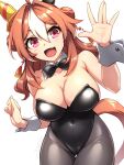  1girl ahoge animal_ear_hairband animal_ears ass_visible_through_thighs black_bow black_bowtie black_leotard black_pantyhose bow bowtie breasts brown_hair cameltoe cleavage copano_rickey_(umamusume) covered_navel detached_collar double_bun fake_animal_ears fang hair_between_eyes hair_bun hair_ornament hairband highres horse_ears horse_girl horse_tail large_breasts leotard long_hair looking_at_viewer mismatched_ear_covers multicolored_hair nontraditional_playboy_bunny pantyhose pataneet red_eyes simple_background skin_fang smile solo strapless strapless_leotard tail tassel tassel_hair_ornament thigh_gap umamusume waving white_background white_hair wrist_cuffs 