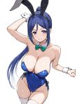  1girl alternate_costume animal_ear_hairband animal_ears arm_up bare_shoulders blue_hair blue_leotard bow breasts cleavage commentary detached_collar fake_animal_ears full_cleavage gengoroh green_bow hairband highleg highleg_leotard highres large_breasts leotard light_blush long_hair looking_at_viewer love_live! love_live!_sunshine!! matsuura_kanan open_mouth playboy_bunny plunging_neckline ponytail purple_eyes rabbit_ear_hairband rabbit_ears sidelocks simple_background smile solo standing strapless strapless_leotard teeth thighhighs white_background white_thighhighs wrist_cuffs 