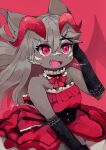  1girl :d animal_ear_fluff animal_ears bare_shoulders black_choker black_gloves blush bow bowtie brown_fur brown_hair cat_ears cat_girl choker commentary demon_girl demon_horns dress english_commentary frilled_choker frills furry furry_female gloves hair_between_eyes hair_ornament hand_up horns lace-trimmed_gloves lace_trim long_hair open_mouth original pink_background pink_bow pink_bowtie pink_eyes po!_(popoemo) red_dress simple_background smile solo strapless strapless_dress upper_body x_hair_ornament 
