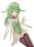  1girl absurdres bare_shoulders black_souls chain collar commentary fairy fairy_wings green_eyes green_hair green_leotard highres leaf_(black_souls) leotard long_hair looking_at_viewer masiiiiiiro simple_background solo strapless strapless_leotard thighhighs waving white_background wings 