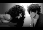  1boy 1girl absurdres angry bdsm black_hair bondage bound breasts cloth_gag clothed_male_nude_female completely_nude contrast gag gagged glasses greyscale hand_on_own_cheek hand_on_own_face highres improvised_gag kusujinn long_hair monochrome nude round_eyewear shibari short_hair smirk 
