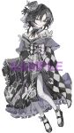  1girl bare_shoulders black_gloves black_hair black_hat black_kimono bow butterfly_hair_ornament butterfly_hat_ornament butterfly_print_kimono checkered_sleeves commentary_request dress floral_print floral_print_kimono flower frilled_sleeves frills full_body furisode gloves hair_ornament hat hat_flower hat_ornament highres housho_margo japanese_clothes kimono lolita_fashion long_sleeves looking_at_viewer mahou_shoujo_no_majo_saiban mini_hat mini_top_hat neck_ribbon off-shoulder_dress off_shoulder pi1ne2 print_kimono purple_eyes ribbon sample_watermark short_hair simple_background smile solo top_hat wa_lolita watermark white_background wide_sleeves 