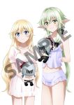  2girls anime_coloring arm_behind_back artist_request babydoll bare_shoulders black_bow blonde_hair blue_eyes blush bow breasts camisole character_doll cleavage closed_mouth collarbone cowboy_shot doll elf frilled_shorts frilled_sleeves frills goblin_slayer goblin_slayer! green_eyes green_hair hair_between_eyes hair_bow hair_over_shoulder high_elf_archer_(goblin_slayer!) highres holding holding_doll long_hair long_pointy_ears long_sidelocks looking_at_viewer low-tied_sidelocks low_ponytail medium_breasts merchandise_available multiple_girls multiple_hair_bows navel nightgown official_alternate_costume official_art pajamas pink_nightgown pointy_ears ponytail priestess_(goblin_slayer!) puffy_short_sleeves puffy_sleeves purple_camisole purple_pajamas purple_shorts sample_watermark second-party_source short_shorts short_sleeves shorts sidelocks simple_background small_breasts smile spaghetti_strap split_mouth standing very_long_hair watermark white_background 