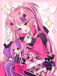  1girl ahoge bag blush choker commentary demon_girl demon_horns fang gradient_horns hair_ornament heart heart_ahoge heart_hair_ornament heterochromia highres horns hrk_itoshi indie_virtual_youtuber ironmouse jacket long_hair looking_at_viewer multicolored_hair multicolored_horns multicolored_jacket pink_choker pink_hair pink_horns pink_jacket pointy_ears purple_eyes purple_hair purple_jacket purple_streaks red_eyes skin_fang solo streaked_hair stuffed_toy twintails untranslatable_commentary v virtual_youtuber white_horns 