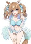  1girl absurdres almond_eye_(natsuzora_chirutime)_(umamusume) almond_eye_(umamusume) animal_ears bikini blue_bikini blue_eyes blush bracelet breasts brown_hair cleavage colored_inner_hair commentary_request hair_between_eyes hair_ornament hair_ribbon hairclip highres horse_ears horse_girl horse_tail jacket jewelry leaning_forward long_hair long_sleeves looking_at_viewer mag_(magburubon) medium_breasts multicolored_hair navel open_mouth outstretched_arms reaching reaching_towards_viewer ribbon smile stomach swimsuit symbol-shaped_pupils tail twintails umamusume x-shaped_pupils 