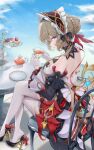  1girl backless_dress backless_outfit bare_shoulders black_dress black_shoes braid braided_base breasts brown_hair bun_with_braided_base cake chair commentary_request crossed_legs cup detached_sleeves dress food from_side genshin_impact gloves hair_bun half_gloves high_heels highres holding holding_cup long_sleeves looking_at_viewer nenne_(sleeping) on_chair parted_lips plate sandrone_(genshin_impact) shoes sitting solo teacup teapot thighhighs white_gloves white_thighhighs 