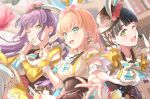  3girls :d ;) ;d absurdres alt_text animal_ear_headwear animal_ears aqua_eyes beret black_corset black_hair blue_bow blue_bowtie blue_thighhighs blush bow bowtie braid breasts brown_hat cerise_bouquet citrusmikan commentary_request corset fake_animal_ears floppy_ears flower fushigi_to_kimi_to_library gloves green_eyes hair_flower hair_ornament hat hat_flower highres hinoshita_kaho indoors juliet_sleeves long_hair long_sleeves looking_at_viewer lop_rabbit_ears love_live! love_live!_hasu_no_sora_jogakuin_school_idol_club low_twin_braids medium_breasts momose_ginko multiple_girls offering_hand one_eye_closed open_mouth orange_hair otomune_kozue outstretched_arm pink_flower puffy_sleeves purple_hair rabbit_button rabbit_ear_headwear rabbit_ears shirt side_braids sleeveless sleeveless_shirt smile striped_bow striped_bowtie striped_clothes thighhighs translation_request twin_braids two_side_up underbust upper_body virtual_youtuber white_gloves white_shirt 