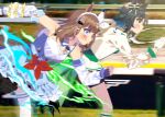  absurdres almond_eye_(the_changer)_(umamusume) almond_eye_(umamusume) amane_hikari animal_ears black_shorts blue_dress blue_eyes blue_gloves blurry blurry_background bow_hairband braid braided_sidelocks brown_hair buttons colored_inner_hair commentary_request detached_sleeves double-breasted dress fingerless_gloves from_side gloves green_eyes green_hair green_vest hair_ornament hairband hairclip hat highres horse_ears horse_girl jacket japan_cup kiseki_(miracle_author)_(umamusume) kiseki_(umamusume) long_hair looking_ahead motion_blur multicolored_hair running short_hair shorts sidelocks socks symbol-shaped_pupils thighhighs tokyo_racecourse umamusume vest white_gloves white_hairband white_jacket white_overskirt white_socks white_thighhighs x-shaped_pupils yellow_hat 