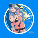  1girl alternate_costume animal_ears artist_name bikini black_bikini blue_background blue_hair blush blush_stickers border breasts commentary_request english_text fishnet_thighhighs fishnets grin highres hinanawi_tenshi keroyan long_hair looking_at_viewer navel rabbit_ears red_eyes round_border shadow side-tie_bikini_bottom simple_background skindentation smile solo stomach swimsuit thighhighs touhou twitter_username very_long_hair white_nails 