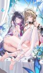  2girls absurdres anus bare_shoulders black_hair blue_eyes blue_flower blue_rose blurry blurry_foreground breasts brown_hair bug butterfly censored cleavage closed_eyes columbina_(genshin_impact) feet flower garter_straps genshin_impact hair_intakes highres jndfh large_breasts long_hair mosaic_censoring multicolored_hair multiple_girls nipples purple_hair pussy rose sandrone_(genshin_impact) small_breasts thighhighs two-tone_hair white_thighhighs 