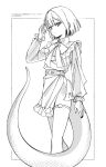  1girl closed_mouth dotitao dress frilled_dress frills greyscale hand_up highres indie_virtual_youtuber long_sleeves looking_at_viewer monochrome nail_polish scales short_dress short_hair snake_tail solo tail thigh_strap translation_request virtual_youtuber ytaoh 