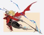  1boy ahoge automail black_jacket black_pants blonde_hair boots coat curtained_hair edward_elric flamel_symbol full_body fullmetal_alchemist highres holding holding_polearm holding_weapon hood hood_down hooded_coat jacket long_hair looking_at_viewer male_focus mechanical_arms pants polearm red_coat simple_background single_mechanical_arm solo twitter_username weapon white_background xue_ezi yellow_eyes 