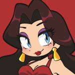  1girl applejoople blue_eyes breasts brown_hair commentary dress earrings eyeshadow gold_earrings jewelry long_hair looking_at_viewer makeup mario_(series) pauline_(nintendo) portrait purple_eyeshadow red_background red_dress red_lips solo super_mario_odyssey untranslatable_commentary 