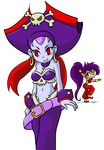  bandana bandeau bare_shoulders belt bracer breasts chibi choker cleavage commentary_request earrings forehead_jewel grin hair_tubes hat headband hoop_earrings jewelry long_hair loose_belt midriff multicolored_hair multiple_girls navel pirate pirate_hat pointy_ears ponytail purple_hair purple_skin red_eyes ringed_eyes risky_boots shantae_(character) shantae_(series) shilfy_yo small_breasts smile sneaking very_long_hair wrist_cuffs 