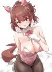  1girl absurdres animal_ears bare_arms bare_shoulders blush bow bowtie breasts brown_hair brown_pantyhose commentary_request dantsu_flame_(umamusume) detached_collar ear_covers gloves gryebooks highres horse_ears horse_girl horse_tail huge_breasts leotard nontraditional_playboy_bunny official_alternate_costume open_mouth pantyhose pink_bow pink_bowtie pink_leotard ponytail short_hair solo strapless strapless_leotard tail umamusume white_background white_gloves 