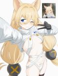  1girl :3 ;3 absurdres animal_ears barcode barcode_tattoo black_gloves black_thighhighs blonde_hair blue_eyes blush bondage_outfit breasts cowboy_shot cropped_jacket crossed_bangs extra_ears faelynn_(girls'_frontline_2) fox_ears g41_(girls'_frontline) girls'_frontline girls'_frontline_2:_exilium gloves hair_between_eyes highres long_hair one_eye_closed panties prosciutto_7 reference_inset ribs selfie shrug_(clothing) simple_background single_thighhigh small_breasts smile solo tattoo thighhighs underwear v very_long_hair white_background white_panties 