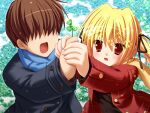  1boy 1girl arm_up black_bow black_coat blonde_hair blue_scarf bow brown_hair brown_shirt buttons clover clover_point coat double-breasted faceless faceless_male game_asset grabbing_another's_hand grass hair_bow hair_over_eyes jacket long_scarf looking_at_object magic multiple_hair_bows non-web_source official_art open_clothes open_jacket open_mouth red_eyes red_jacket scarf self-datamine shirt short_hair sky standing striped_clothes striped_shirt takanashi_yaya twintails yellow_scarf yuyi 