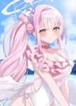  1girl blue_archive blush breasts choker closed_mouth commentary feathered_wings flower frilled_choker frilled_one-piece_swimsuit frills hair_bun hair_flower hair_ornament hair_scrunchie halo highres long_hair looking_at_viewer low_wings mika_(blue_archive) mika_(c108_swimsuit)_(blue_archive) official_alternate_costume official_alternate_hairstyle one-piece_swimsuit pink_hair pink_halo pink_one-piece_swimsuit purple_flower scrunchie single_side_bun smile solo swimsuit twintails two-tone_one-piece_swimsuit very_long_hair white_one-piece_swimsuit white_scrunchie white_wings wings yellow_eyes yoshino_(mfmfpng) 