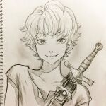  1boy collarbone commentary_request graphite_(medium) highres jun_(navigavi) looking_at_viewer male_focus monochrome nose original paper_background parted_lips photo_(medium) portrait shirt short_hair short_sleeves sketch smile solo sword sword_on_back t-shirt traditional_media weapon weapon_on_back 
