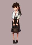  1girl black_shoes black_skirt brown_background brown_hair bucket collarbone collared_shirt commentary_request dress_shirt flat_chest full_body hair_ribbon high-waist_skirt highres holding holding_bucket jun_(navigavi) long_hair looking_at_viewer nose original parted_lips ponytail red_ribbon ribbon shirt shoes simple_background skirt solo standing white_shirt yellow_eyes 
