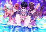  1girl 3boys abs ahoge barefoot bikini black_hair breasts censored closed_eyes commentary_request commission faceless faceless_male gold_bikini grey_hair hair_ornament hair_rings highres large_breasts long_hair mosaic_censoring multiple_boys navel nipples original pool reverse_suspended_congress samael_(5211) sex skeb_commission soles stomach swimsuit toes toned toned_male twintails v very_long_hair 