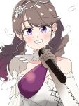  1girl :d absurdres alternate_costume blush brown_hair collarbone falling_feathers feathers fujishima_megumi gloves gradient_gloves grey_gloves grin highres holding holding_microphone kanzaki_gou long_hair looking_at_viewer love_live! love_live!_hasu_no_sora_jogakuin_school_idol_club microphone purple_eyes simple_background single_bare_shoulder smile solo twintails upper_body virtual_youtuber white_background white_feathers white_gloves yuki_mau_sora_to_nibyou_no_eien 