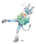  1girl alternate_costume ankle_socks bandaid bandaid_on_leg blue_horns blue_oni blue_skin colored_skin commentary_request cup earrings eating food full_body green_sweater hair_between_horns heart highres holding holding_cup holding_spoon horns ice_cream jewelry leaning_to_the_side looking_at_viewer multicolored_horns oni pointy_ears shirt shoes short_hair shorts simple_background smile socks solo soukaku_(zenless_zone_zero) spoon standing standing_on_one_leg star-shaped_pupils star_(symbol) sundae sweater symbol-shaped_pupils tail two-tone_horns two-tone_tail utensil_in_mouth white_background white_hair white_socks yellow_eyes zenless_zone_zero ziro_(daydozen) 