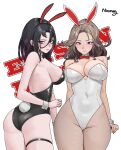  2girls alternate_costume animal_ear_hairband animal_ears ass black_hair black_leotard breasts brown_hair commentary_request detached_collar e.h._(nikke) fake_animal_ears fake_tail goddess_of_victory:_nikke hairband highleg highleg_leotard highres ingrid_(nikke) large_breasts leotard long_hair looking_at_viewer mature_female multiple_girls noorung purple_eyes rabbit_ear_hairband rabbit_ears rabbit_tail siblings sisters strapless strapless_leotard tail thigh_strap thighs white_leotard 
