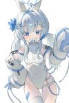  1girl absurdres animal_ears bandaid bandaid_on_leg bare_shoulders blue_eyes blue_flower blue_hair blue_streaks blush breasts commentary commission covered_navel cowboy_shot detached_sleeves fake_animal_ears flower hair_between_eyes hair_flower hair_ornament hand_on_own_hip highres jaeyun5407 korean_commentary leotard long_hair long_sleeves looking_at_viewer multicolored_hair original pacifier playboy_bunny rabbit_ears simple_background sleeves_past_wrists small_breasts solo streaked_hair thighhighs thighs twintails two-tone_hair white_background white_hair white_leotard white_thighhighs x_hair_ornament 