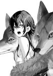  1girl achiki bare_shoulders commentary crop_top crossed_bangs ear_piercing eyelashes from_side fur-trimmed_jacket fur_trim greyscale hair_between_eyes ichinose_uruha ichinose_uruha_(4th_costume) jacket jacket_partially_removed long_hair looking_at_viewer monochrome off_shoulder official_artist_extra open_mouth piercing shirt signature sleeveless sleeveless_shirt solo teeth untranslatable_commentary upper_teeth_only virtual_youtuber vspo! wolf wolf_cut 